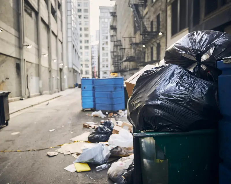 Rubbish bags and overflowing bins in a narrow alley awaiting removal by Waste Bristol