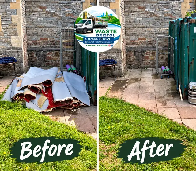 Before and after old carpet removal from a courtyard by Waste Bristol