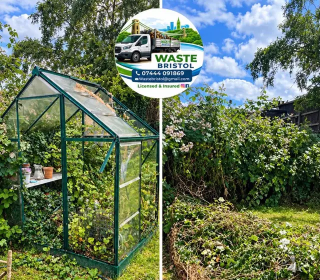 Before and after garden clearance of an overgrown greenhouse by Waste Bristol